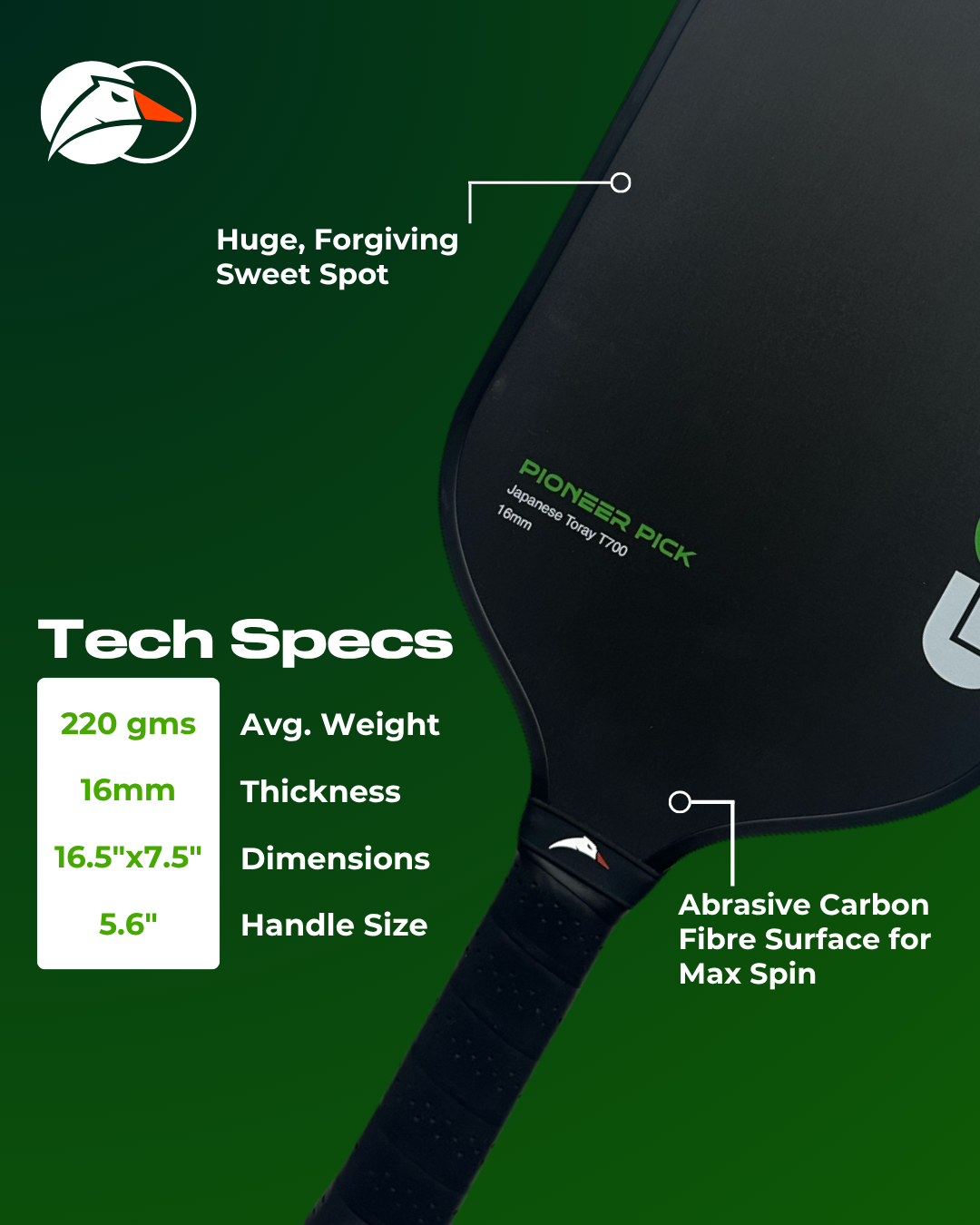 Pioneer Pick 16mm | Toray T700 Raw Carbon Fibre Surface | Beginner Pickleball Paddle | Superior Control