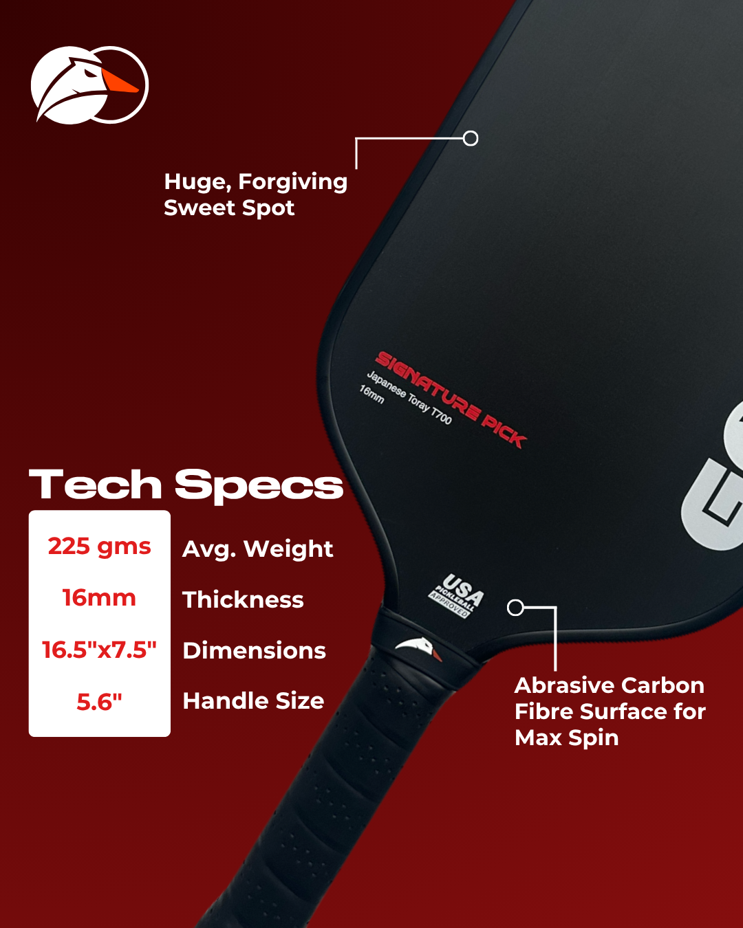 Signature Pick 16mm | Thermoformed | USAPA Approved | Toray T700 Raw Carbon Fibre Surface | Intermediate Pickleball Paddle | Premium Power & Control