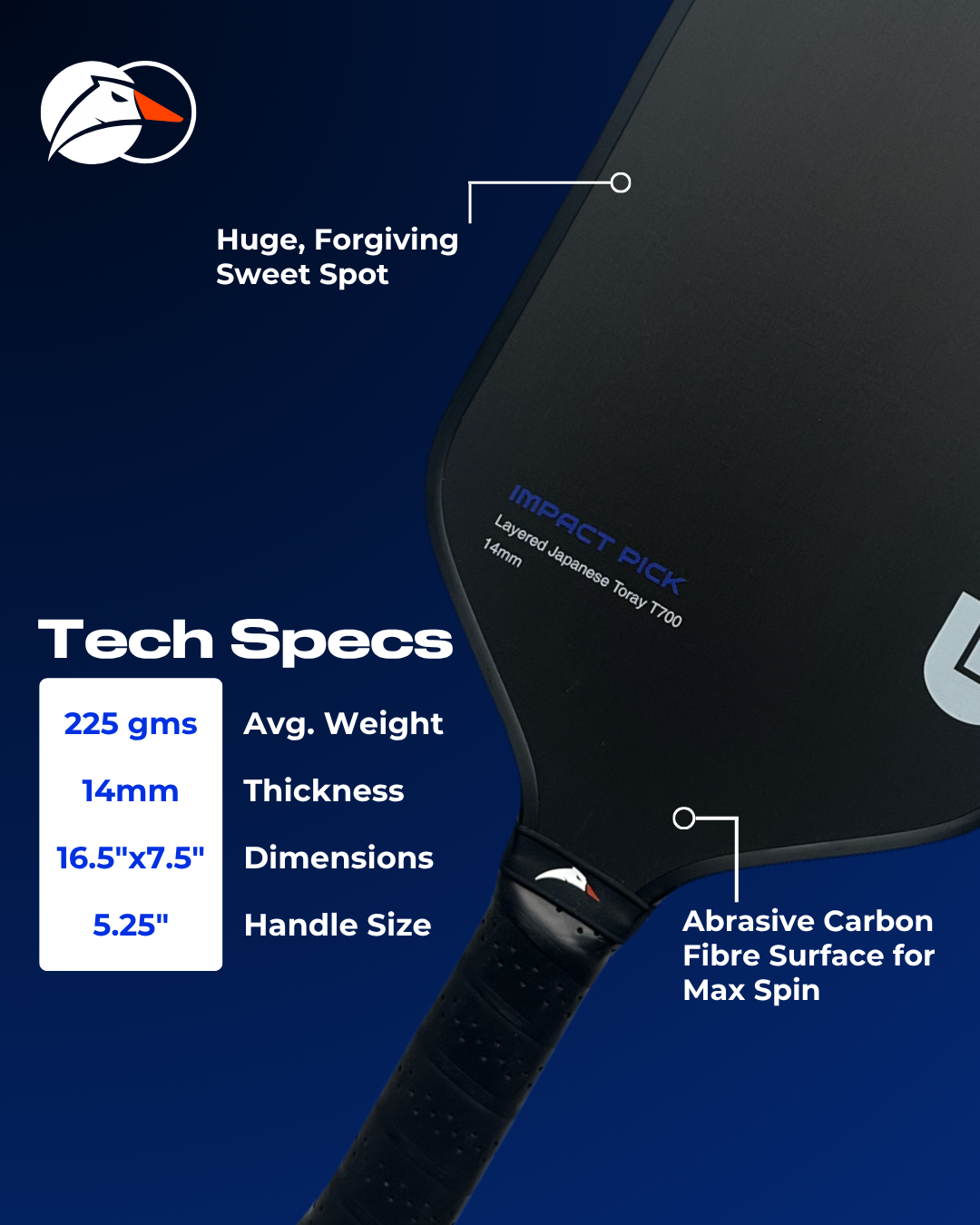 Impact Pick 14mm | Toray T700 Raw Carbon Fibre Surface | Intermediate Pickleball Paddle | High Power Output