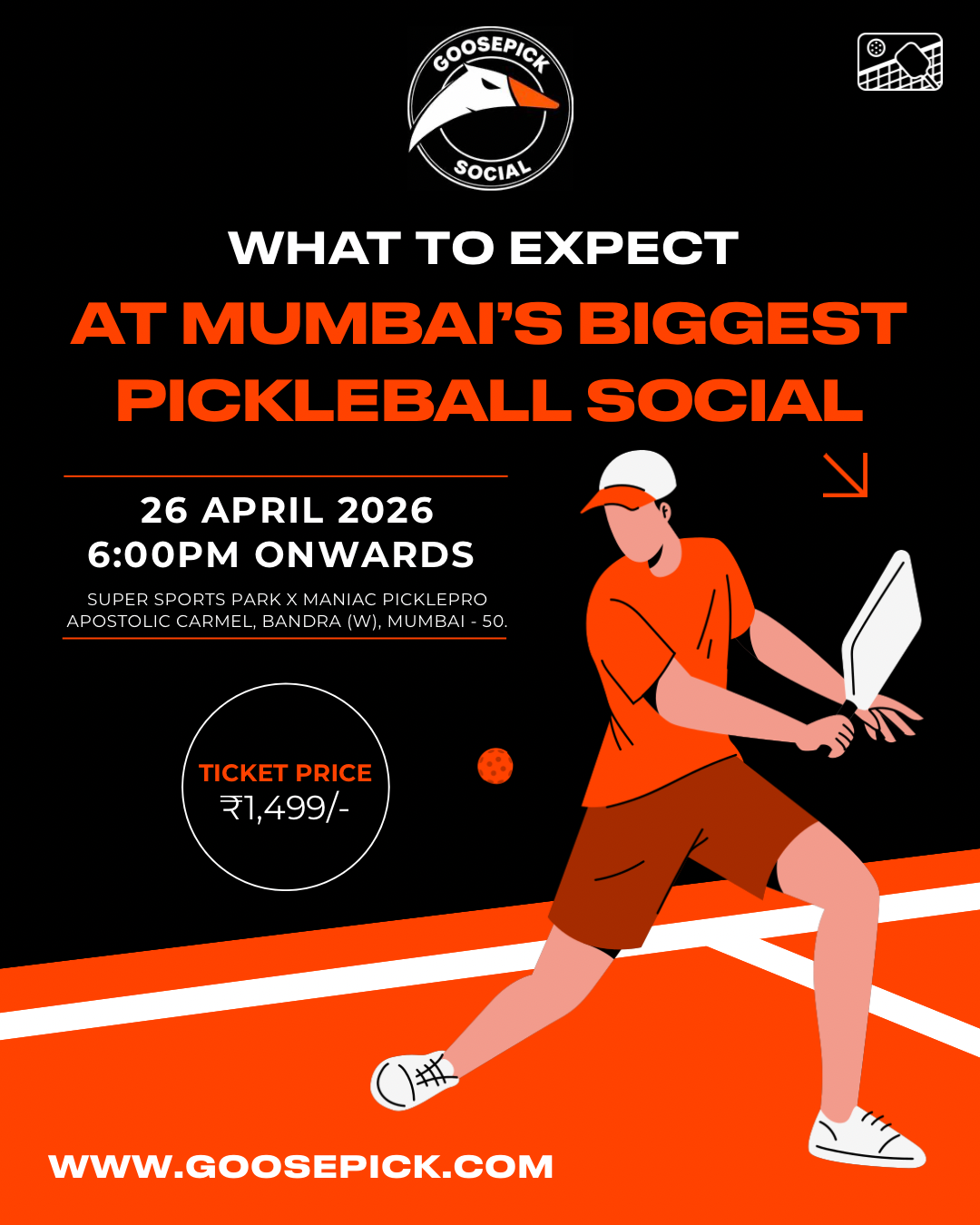 Promotional poster for a pickleball social event in Mumbai with a player in action and event details.
